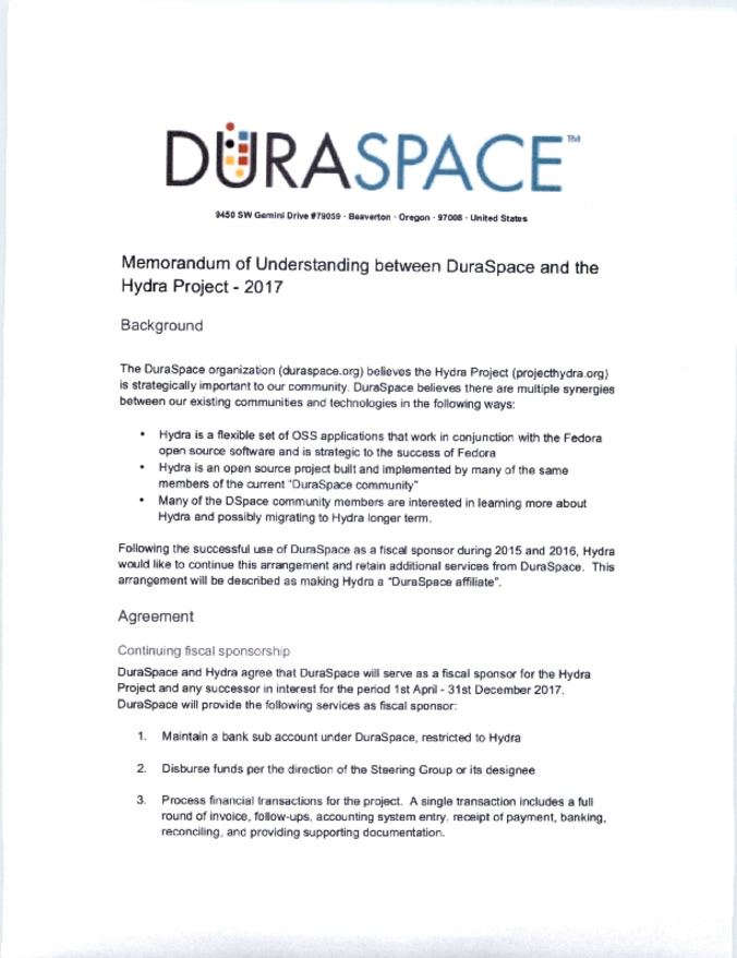 Memorandum of Understanding between DuraSpace and the Hydra Project 2016/17 Thumbnail